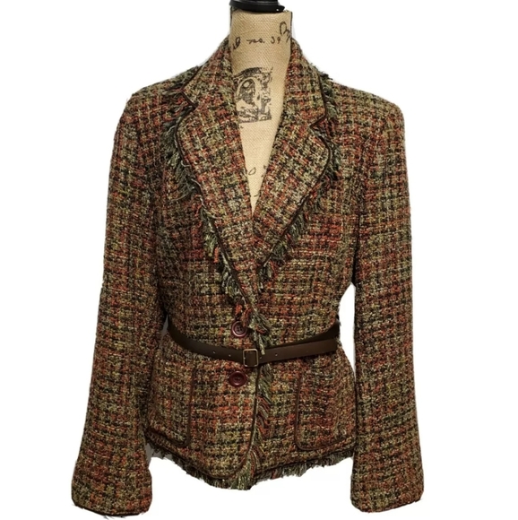 beliza Jackets & Blazers - BELIZA TWEED FRINGED  BELTED BLAZER JACKET SZ.14